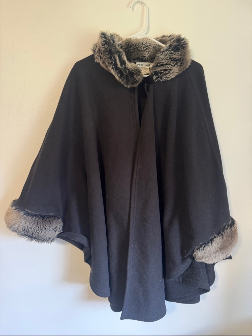 Faux Fur Trim Black Cape Coat
